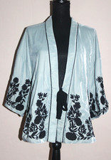 Zara TRF Outerwear Black Embroidered Mint Green Velvet Kimono Jacket M 12 14
