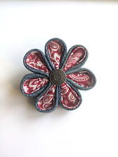 Upcycled Handmade Denim and Red Paisley Kanzashi Fabric Flower Brooch