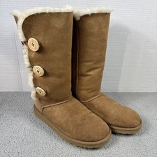 UGG Bailey Button Triplet Chestnut Suede Sheepskin Tall Warm Boots Womens Sz 8
