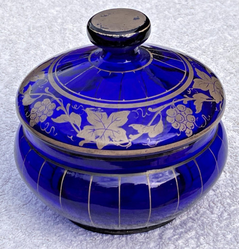Lidded blue dish glass jar - glass,
