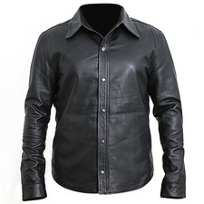 MEN'S BLACK GENUINE LAMBSKIN LEATHER SHIRT POLICE MILITARY STYLE JACKET