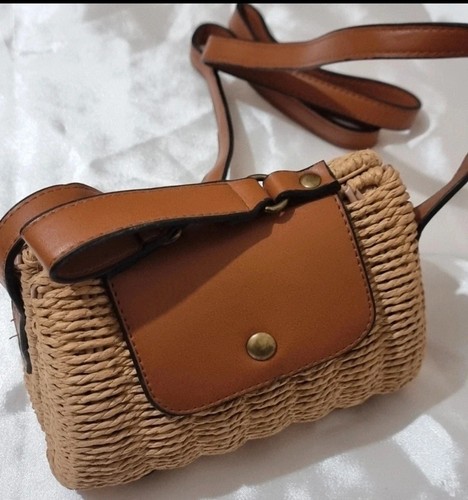 Tan woven straw crossbody bag - woven,