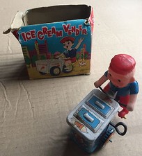 VINTAGE TINPLATE CLOCKWORK ICE CREAM VENDER TRICYCLE ~ MADE IN JAPAN - WORKING