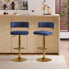 2 x Blue Bar Stools Thick Corduroy Barstools Kitchen Breakfast Bar Adjustable