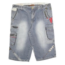 POLE POSITION Mens Denim Casual Shorts Blue L W35 Multi Pocket Zip Detail