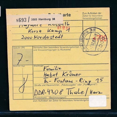 27758 parcel card 1982 - parcel, from