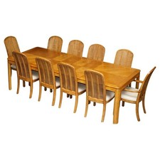 VINTAGE ENGLISH BURR OAK & TEAK DINING TABLE & TEN BERGERE DINING CHAIRS SUITE