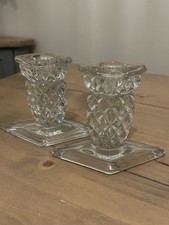 Pair Of Heavy Antique Cut Glass Crystal Diamond Ornate Candlesticks Dining Rare