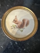 Original Lesley Anne Ivory Oval Painting Of A Red Squirrel And Acorns.