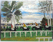 Vintage Oil Board Signed Jockey Horse Race Equestrian Folk Art Impasto style