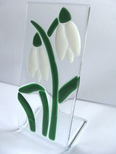 Vintage SNOWDROPS Free standing GLASS Relief PANEL Picture ART Floral 15 cm 6"