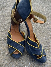 CHIE MIHARA TOAST BLUE  YELLOW SUEDE LEATHER SHOES MARY JANE 41 Vintage Deco 30s