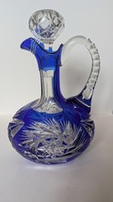 Cobalt Blue Bohemian Cut to Clear Glass Decanter VGC Vintage