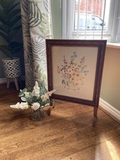 Vintage Wood, Embroidery And Glass Standing Fire Screen