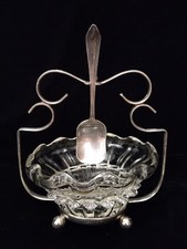 Antique Glass Jam Sugar Dish Bowl hanging Spoon England silver plate
