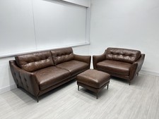 Sofology ‘Cordelia’ 3 Seater + Cuddle Chair Tan Leather Sofas + Footstool 