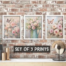 Shabby Chic Set Of 3 Prints White And Pink Wall Art Vintage Peonies Poster Art