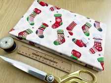 FABRIC REMNANT - Red Christmas Stockings on Cream Cotton Fabric - 1m Length