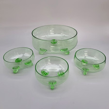 Vintage Art Deco Green Glass Footed Bowls Set Large Serving Dish 3 Dessert Bowls