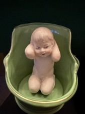 Antique German Bisque and Porcelain Heubach Baby in Green Bath