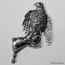 Falconry Hawk on Gauntlet Large Pewter Brooch Pin- British Artisan Signed- Eagle