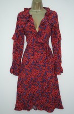 H&M RED BLUE FLORAL RUFFLE FIX WRAP LONG SLEEVE TEA DRESS SIZE 12