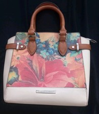 LAURA ASHLEY BEIGE/BROWN FLORAL TOP HANDLE HANDBAG,  MEDIUM SIZE,  IN VGC