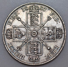 1887 VICTORIA JUBILEE HEAD, DOUBLE FLORIN, ARABIC 1, BRITISH SILVER COIN, aEF