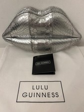 Lulu Guinness Silver Snakeskin Padded Lips Leather Clutch Bag