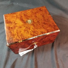 Antique Victorian Burr Walnut Box Tray Working Lock&Key Inlaid Edge Brass Centre