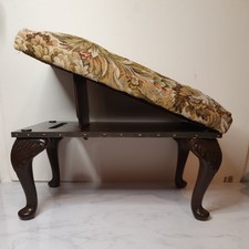 READ- Wooden Footstool With Floral Tapestry Top Cushion Queen Anne Leg 2 Incline