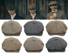 Peaky Newsboy Herringbone Tweed Wool Baker Boy Gatsby Black Hat Flat Cap S-XXL