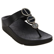 FitFlop Womens Black Wedge Sandal Slip on Toe post Thong HALO METALLIC TRIM NEW