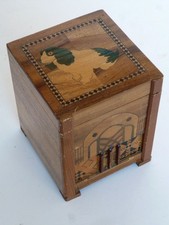 Vintage Wooden Marquetry Inlaid Musical Toy Trinket Box Spaniel Art Deco Radio