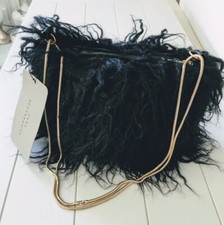 Zara Faux Fur Handbag With Double Gold Metal Chain Straps In Black BNWT LAST ONE