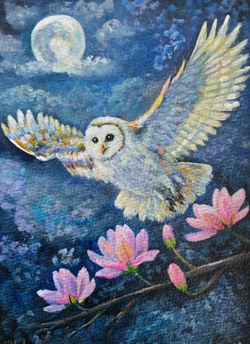 Whimsical barn owl - barn, painting