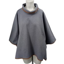 Tuckernuck Piper Blue Gray Brown Poncho One Size Cape Leather Trim Funnel Neck