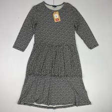 Cotton Traders Dress 12 Black Long Sleeve Midi Round Neck Patterned Tiered