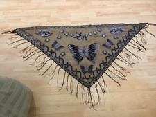 STUNNING VINTAGE BLACK ORGANZA HAND PAINTED TRIANGULAR SHAWL WITH BUTTERFLIES