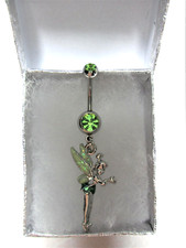 New Disney World Tinkerbell Standing 3D Charm on Green Crystal Belly Navel Bar