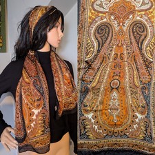 Vintage Silk Orange Paisley Floral Bohemian Scarf Victorian 20s 30s 70" Long