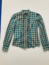 Ladies blouse by Triple Five Soul, frilled front green check size XS