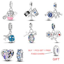 MULA Optional Lucky Heart Pendant Charm Blue CZ For Beacelet 925 Silver Plated