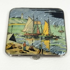 Vintage Gwenda England Sail Harbor Scene Compact Art Deco guilloché-style foil