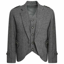 Grey Tweed Argyle Kilt Jacket With Vest - Men's Tweed Wool Wedding Argyll Jacket