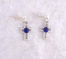 Tibetan Silver Cross 3D Blue Diamante,925 Silver Hanging Stud Earrings .Handmade