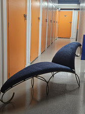 Bespoke Sculptural Curved Chaise Lounge – Brass Frame & Navy Upholstery