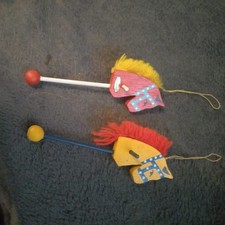 2 Vintage Taiwan Hobby Horses Christmas Tree Ornament Wooden hand painted retro 