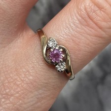 Pink Topaz & Diamond Bypass Ring 9ct 9k 375 Yellow Gold- Size Q