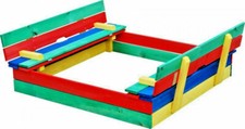 SANDPIT WOODEN  CHILDRENS MULTI COLOURED  / PLAY / BALL PIT WITH LID & BENCHES